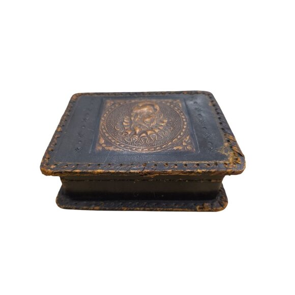 miguel de cervantes Of Spain Antique Vintage Handma Leather Embossed Trinket Box - Picture 1 of 10